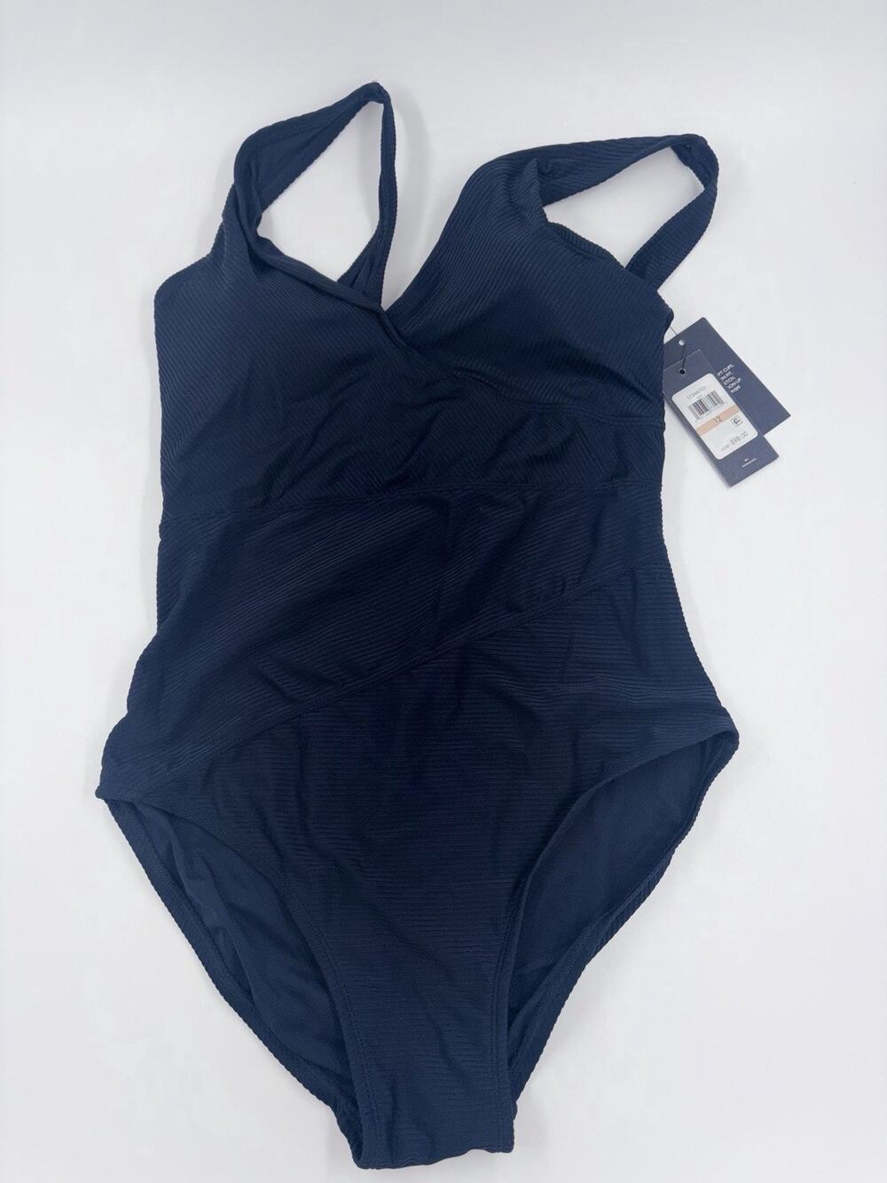 Tommy Hilfiger Womens V-Neck Ribbed One Piece Swimsuit Size 12 Navy Blue NWT